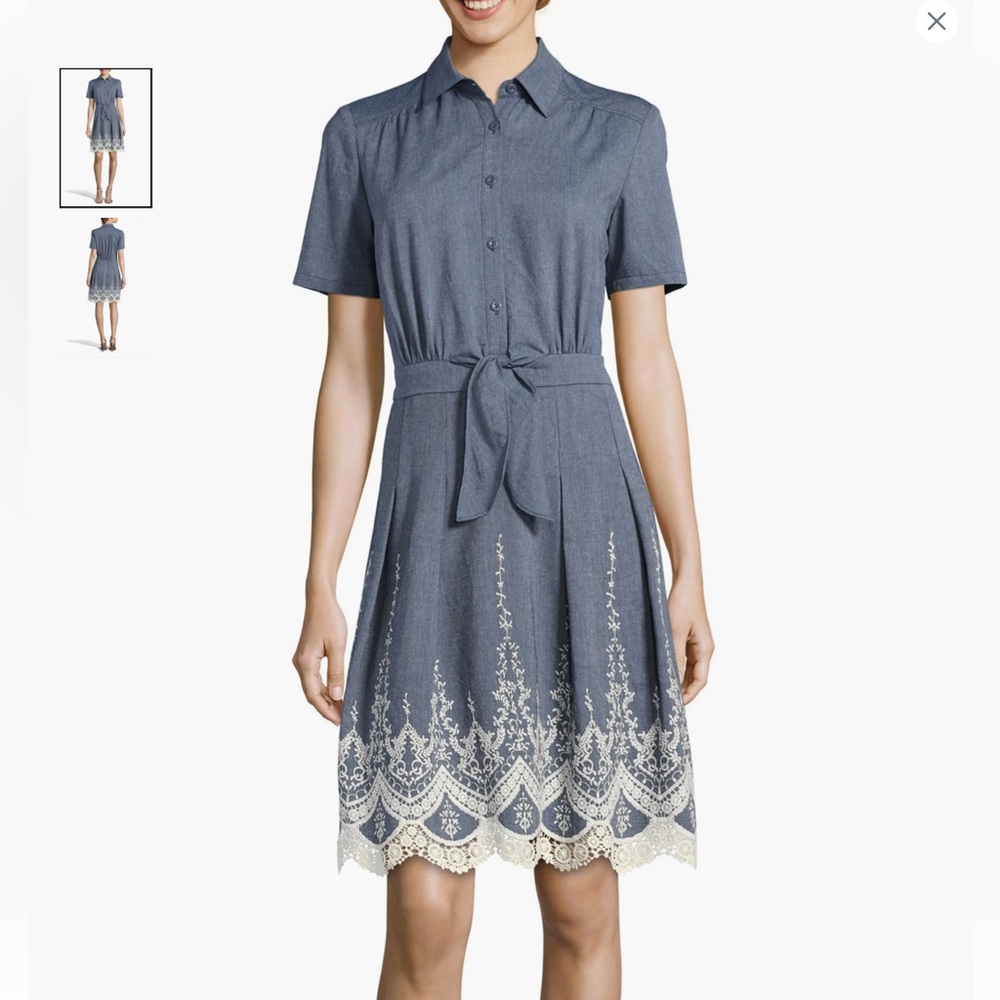 ECI Lace Trim Denim Shirtdress Chambray Buttoned Polo Collar - Picture 2 of 16
